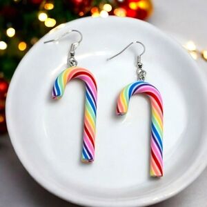 NEW Candy Cane Striped Christmas Holiday Fashion‎ Earrings Rainbow